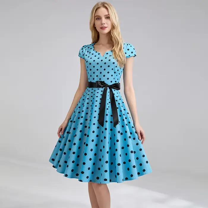 Femmes Vintage années 1950 60 à pois grande Robe trapèze esthétique nœud papillon ceinture