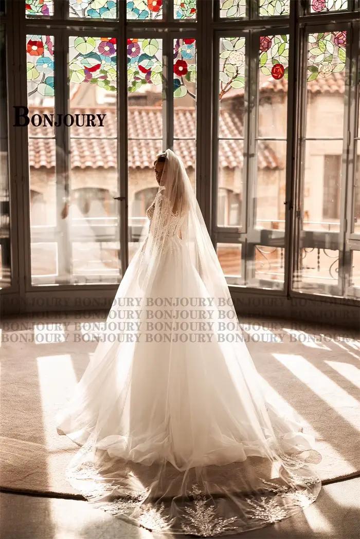 BONChain-Robe de mariée en tulle à encolure dégagée pour femme