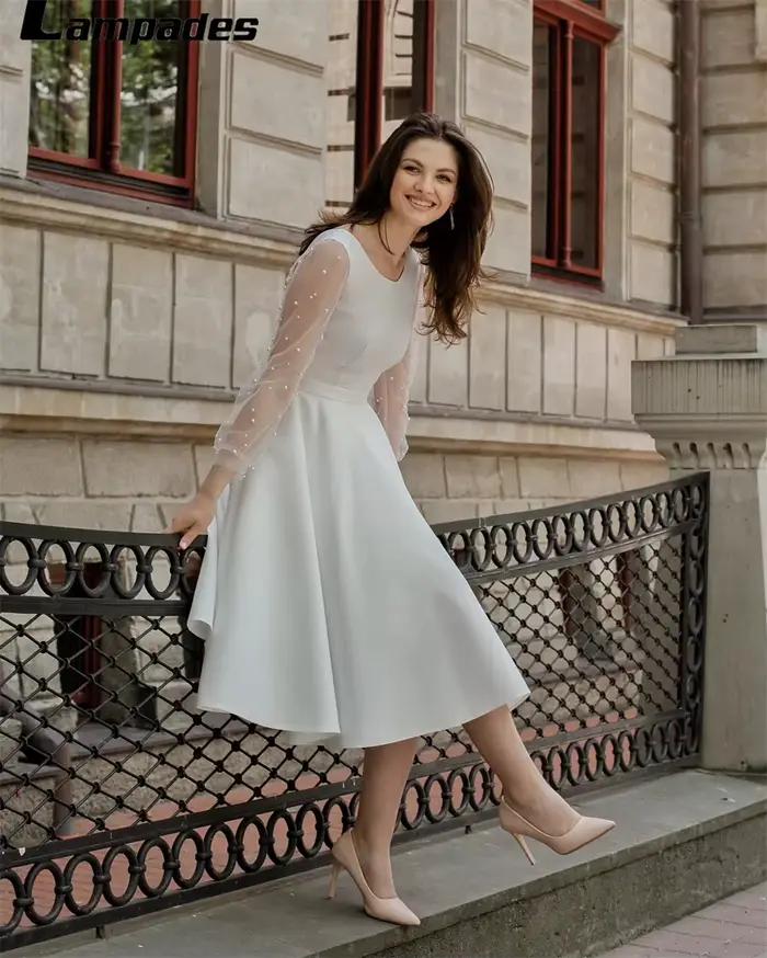 Robe de Mariée Civile avec Perles, Manches sulf, Longueur Genou, Robe Éducative, Élégante, 2022