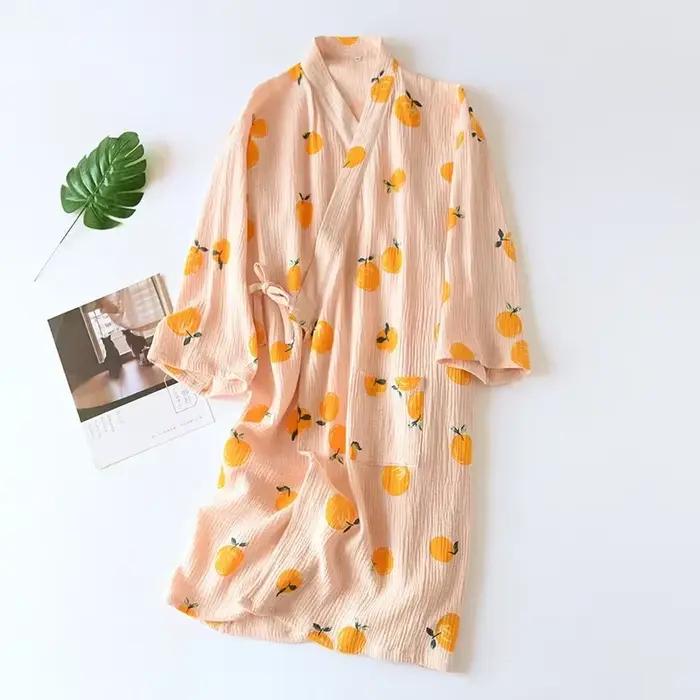 Kimono japonais robe de chambre printemps et automne dames coton crêpe tissu mince été peignoir service à domicile