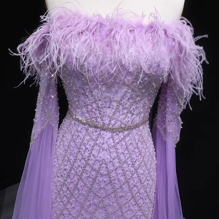 Sharon Said Turquoise plume dubaï robe de soirée de luxe avec manches Cape lilas arabe fête de mariage
