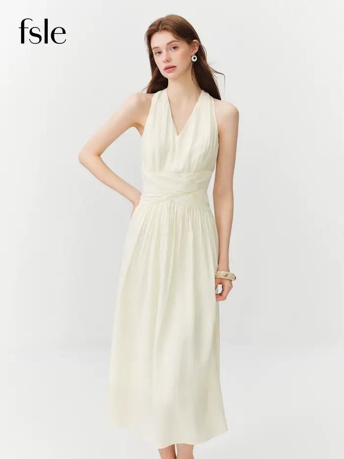 Robe élégante mi-longue sans manches à col halter et décolleté en V style français FSLE pour femme