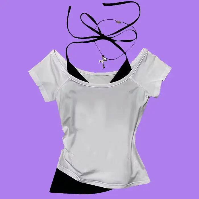 Été streetwear Nozioni de base gothique coupe ajustée faux deux pièces haut court années 90 Vêtements rétro T-shirt