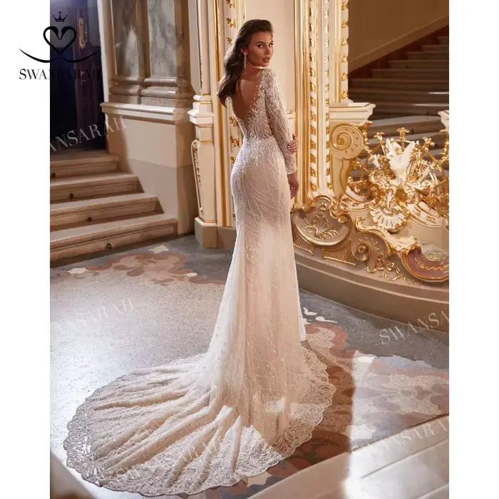 Robe de mariée sirène brillante à manches longues avec poignées amovibles