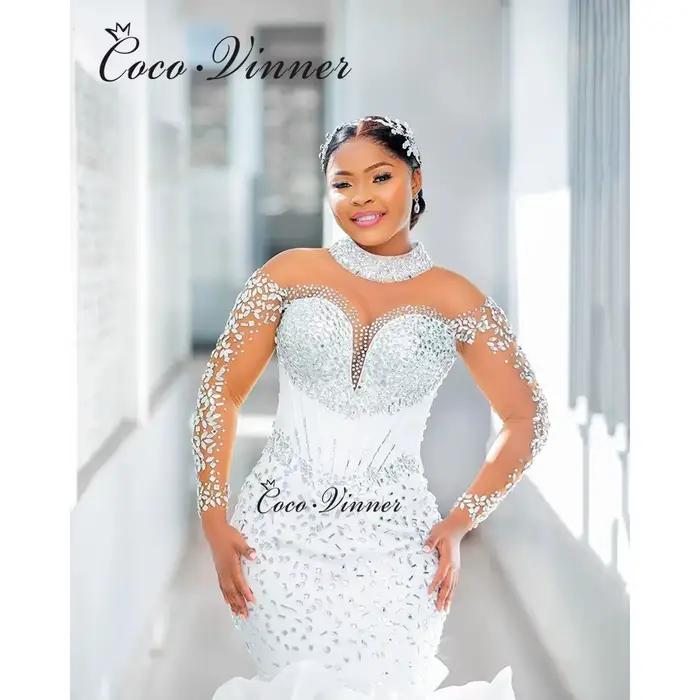 Robe de Mariée Sirène de Luxe Personnalisée en Polyester et Coton avec Cristal et Perles Occasions Spéciales