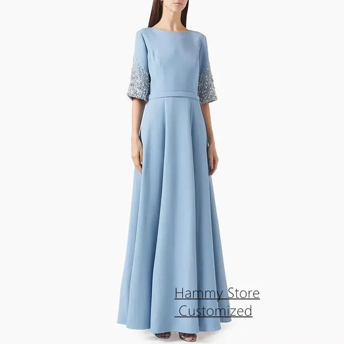 Offre spéciale robe de soirée personnalisée demi manches col rond paillettes pierres une ligne saoudienne arabe
