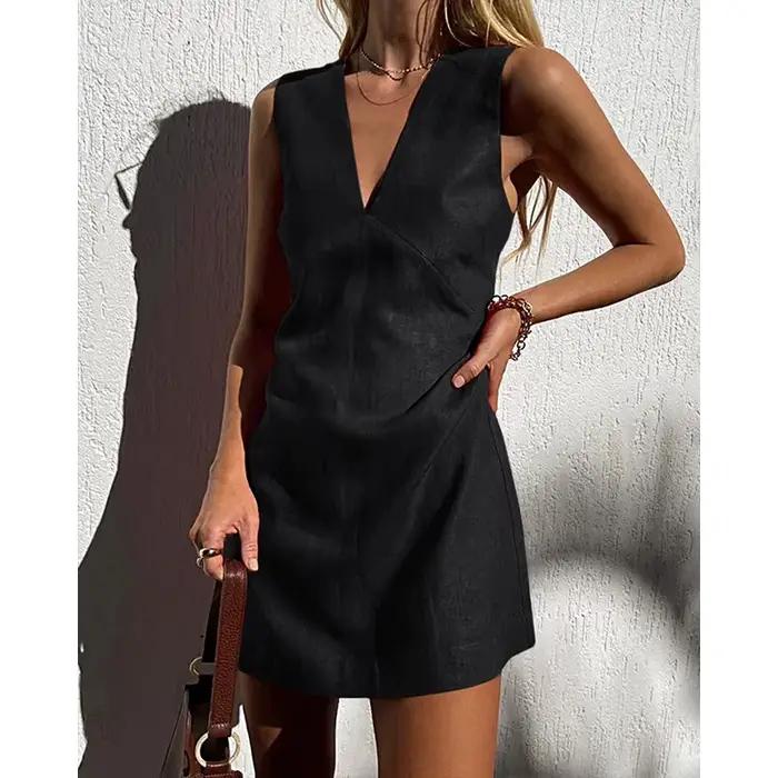 Robe en viscose et lin pour femmes, col en V, sans manches, élégante et décontractée, idéale pour les soirées estivales et les occasions spéciales