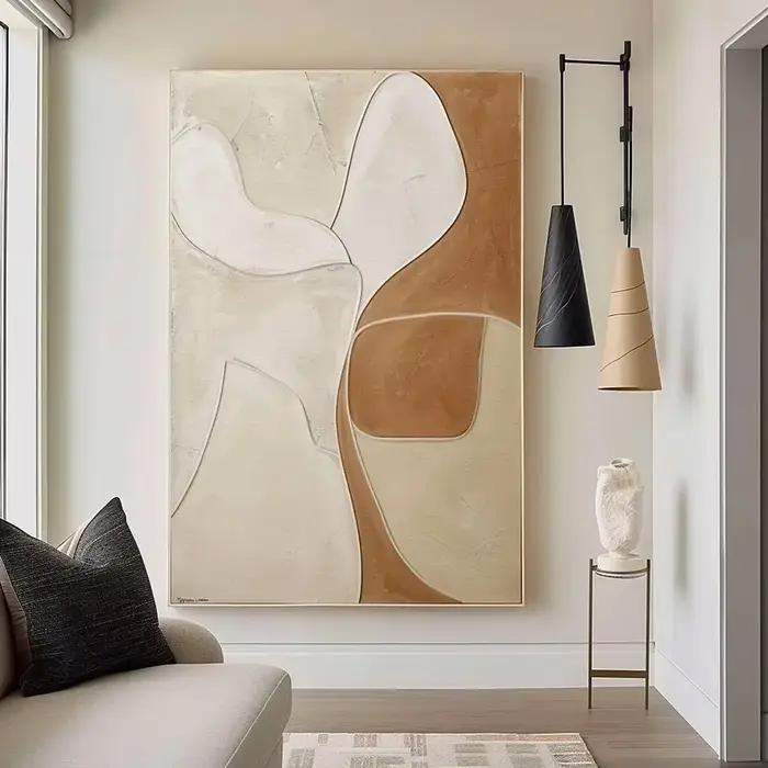 Grande peinture à l'huile texturée marron et beige faite à la main, toile texturée 3D, art mural, grande œuvre d'art moderne et contemporaine pour le salon