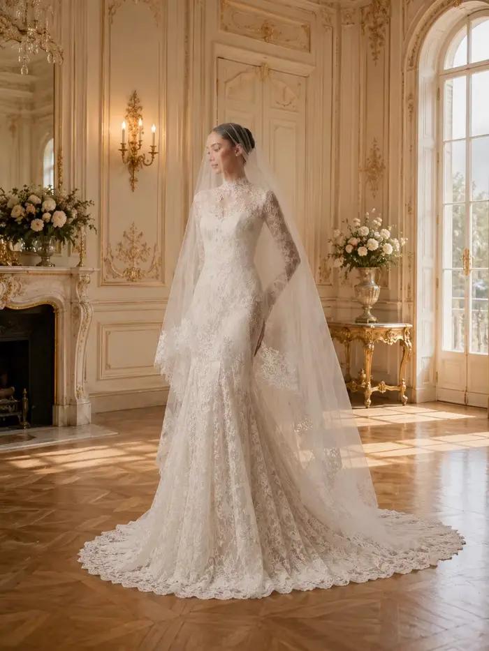 Robe de mariée de luxe en dentelle à manches longues