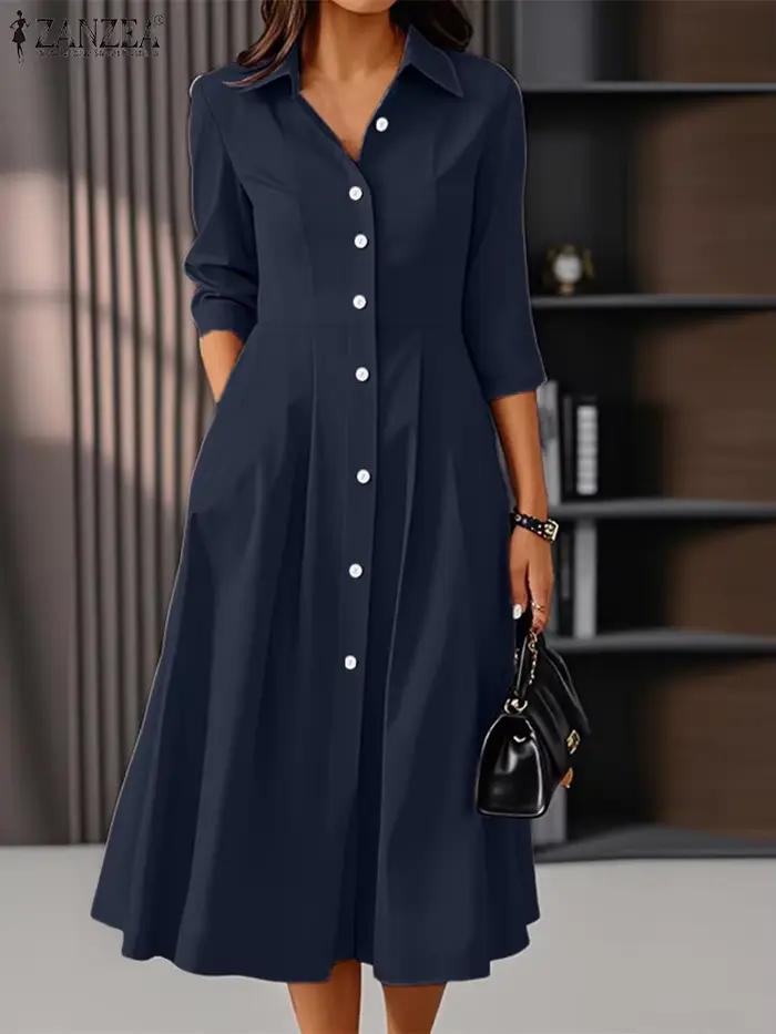 ZANZEA élégant Robes mi-longues Femme mode 3/4 manches boutonné col chemise 2025 automne déplacements OL a-ligne