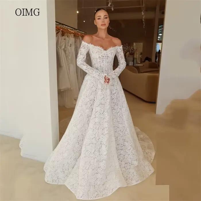 OIMG luxueux dentelle hors de l'épaule une ligne robe de mariée dos nu robes