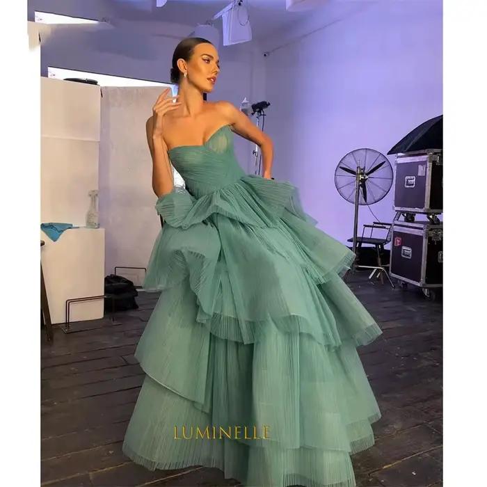 Robes de soirée vertes en tulle coupe trapèze pour femme