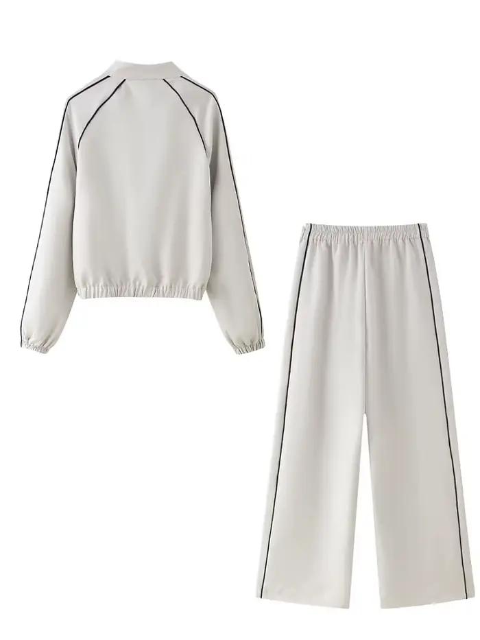 HH femmes pantalons décontractés costume fermeture éclair rayure décorer manteau ample haut + mode taille élastique