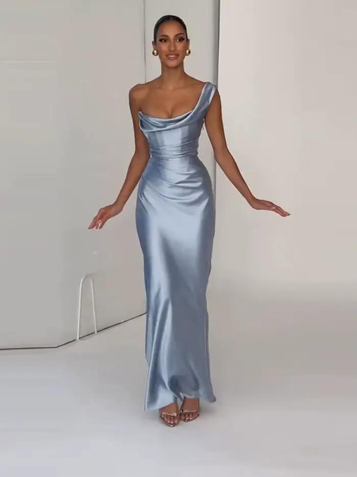 Robe de soirée longue asymétrique en satin pour femme