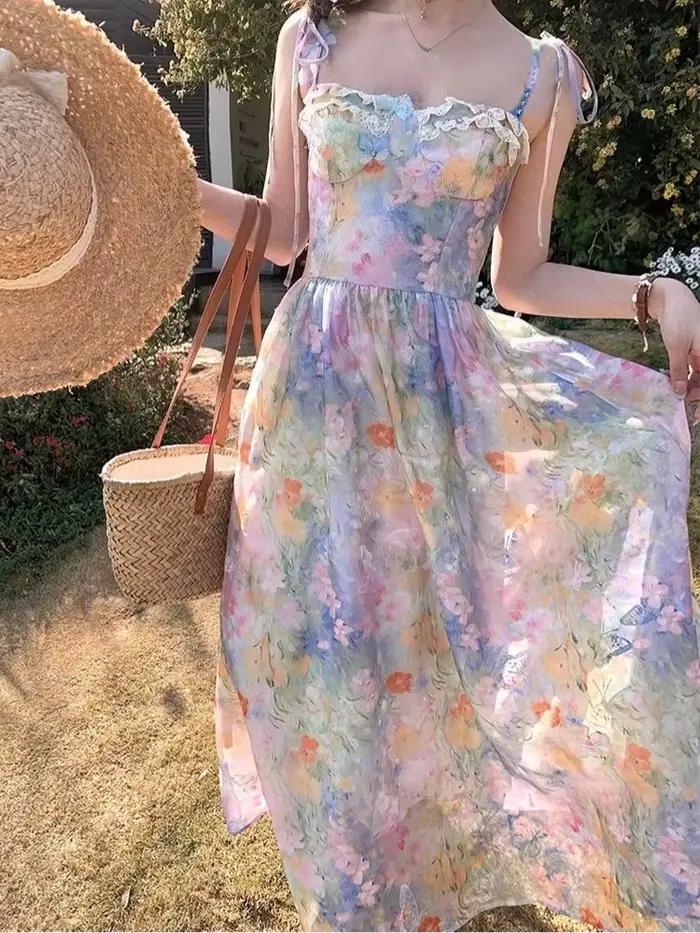 Français élégant robe à bretelles florales femmes doux Style de plage mode coréenne vêtements soirée Vintage