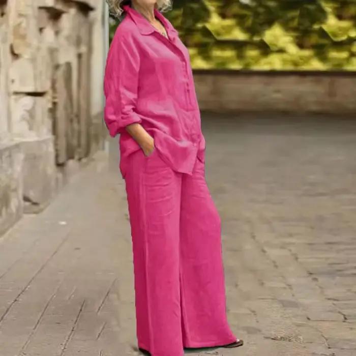 Ensemble chemise décontractée en lin pour femmes, 2 pièces, mode revers, manches longues, boutons, chemisier et pantalon, tenues amples, jambes larges, costumes