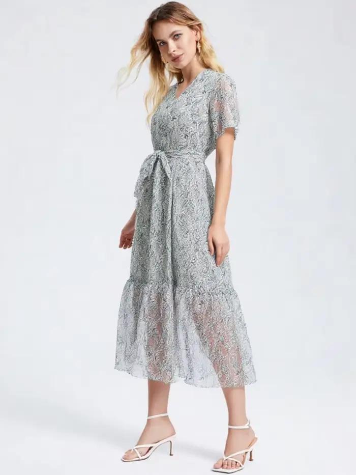 Robe en mousseline de soie verte imprimée de haute qualité pour femme