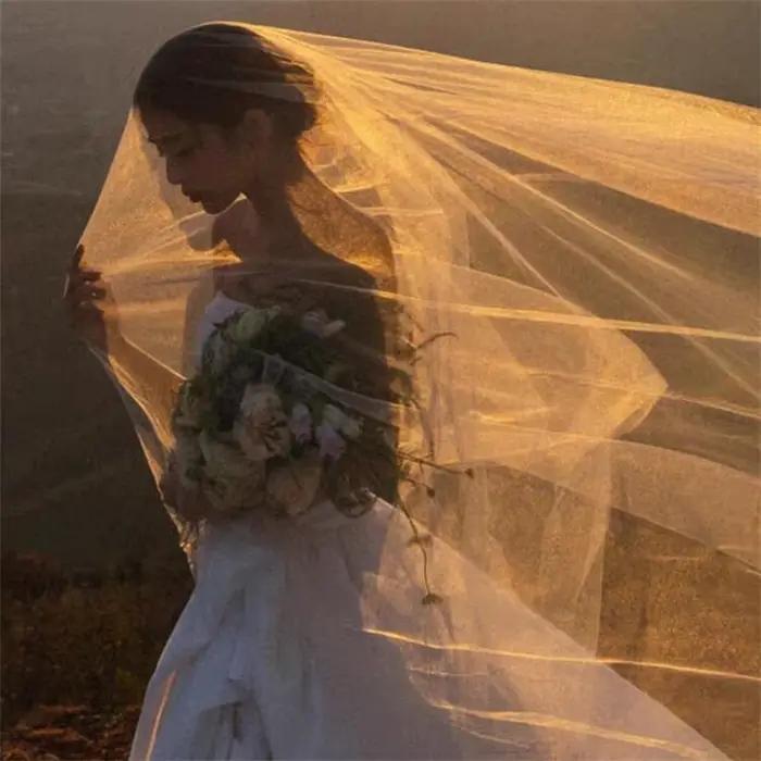 Voile de mariée classique blanc couleur champagne élégant 1 couche en tulle rigide longs voiles sans peigne accessoires