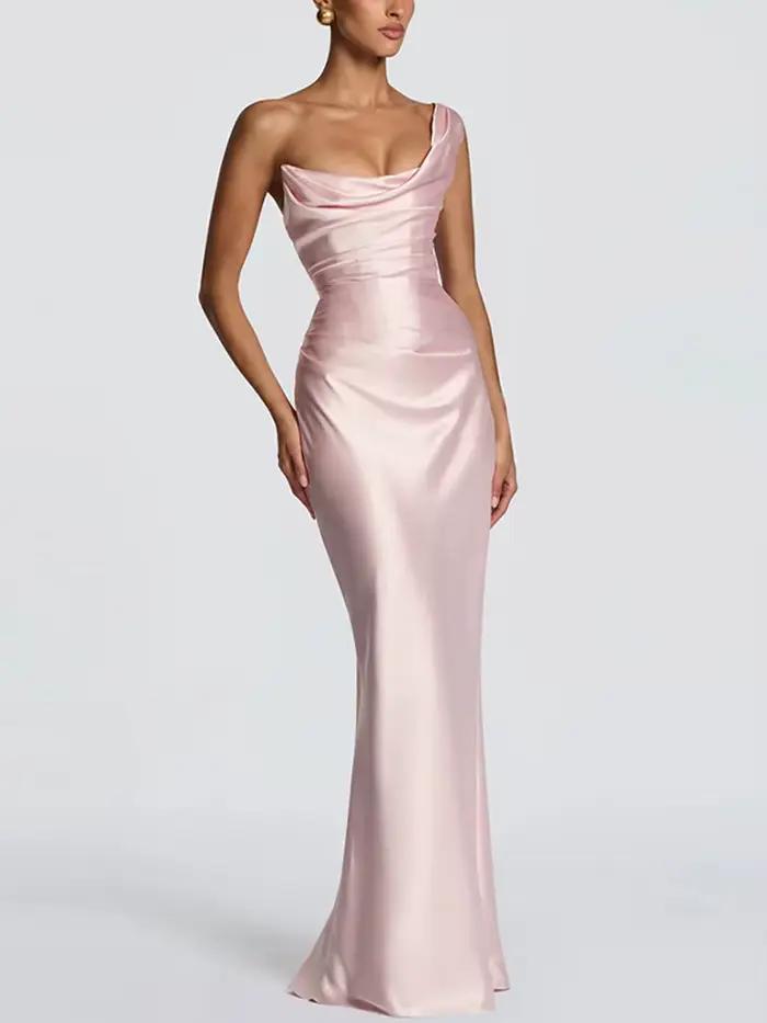Robe de soirée longue asymétrique en satin pour femme