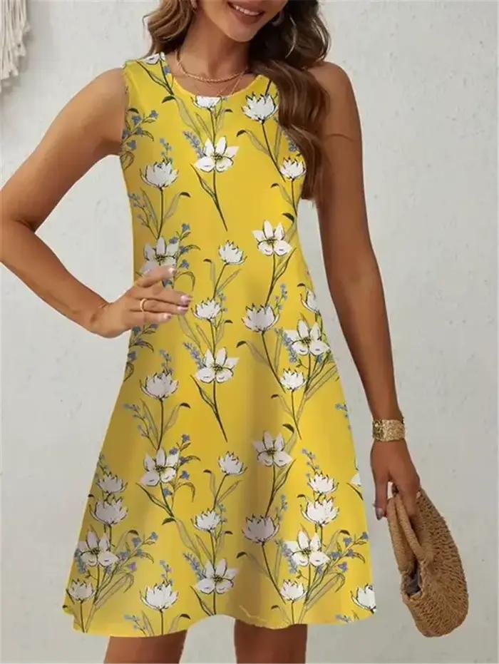 Motif Floral Femmes Tendance Mini Robes D'été Sans Manches 3d Fleur Imprimé Rue Dames Robe Tenue Décontractée Y2k