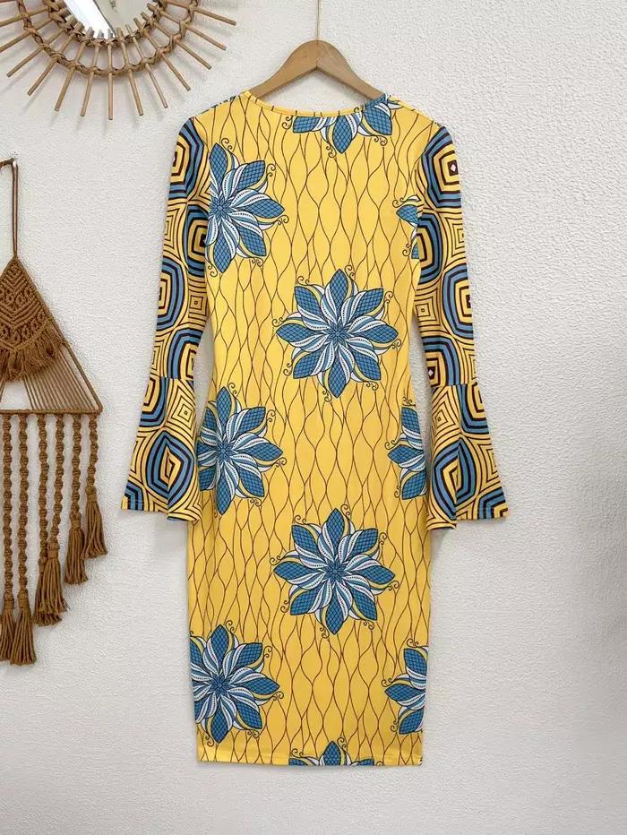 Robe moulante imprimée tendance avec manches évasées pour les trajets quotidiens et les rassemblements – Vêtements élégants pour femmes