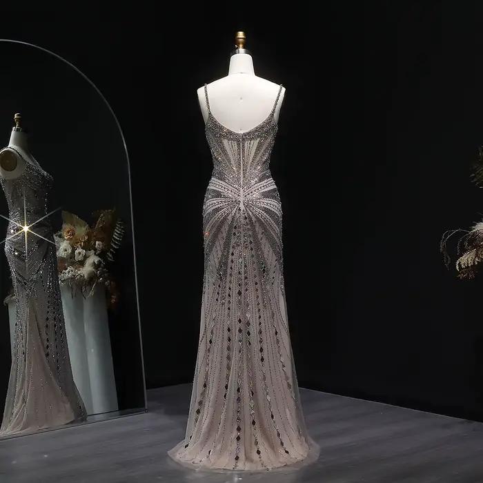 Robe de soirée Sharon Said Dubai Champagne à fines bretelles avec fente haute perlée شارون سعيد