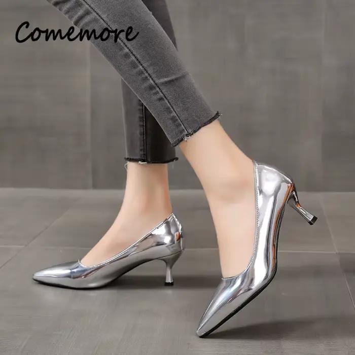 Comemore-Escarpins Pointe Parker en cuir verni pour femme, chaussures de patients de mariage pour femme, talons hauts pour femme, or et argent, grande taille 45, mode 2023