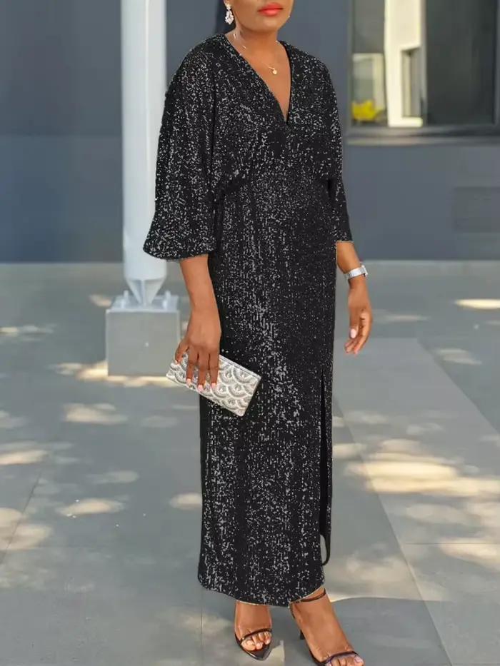 Robe longue à paillettes argentées