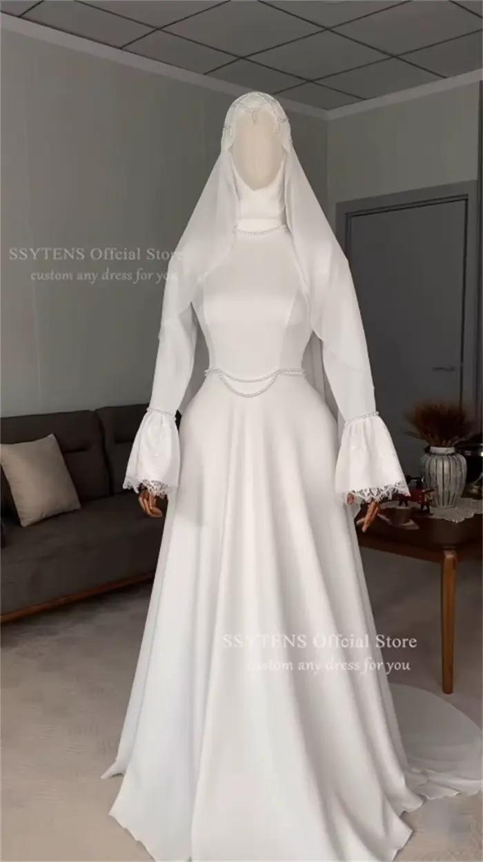SSYTENS Robes de mariée musulmanes modestes pour les mariées, personnalisées, en dentelle ivoire, coupe trapèze, avec perles, pour Nikkah, longues, Vestidos De Noiva