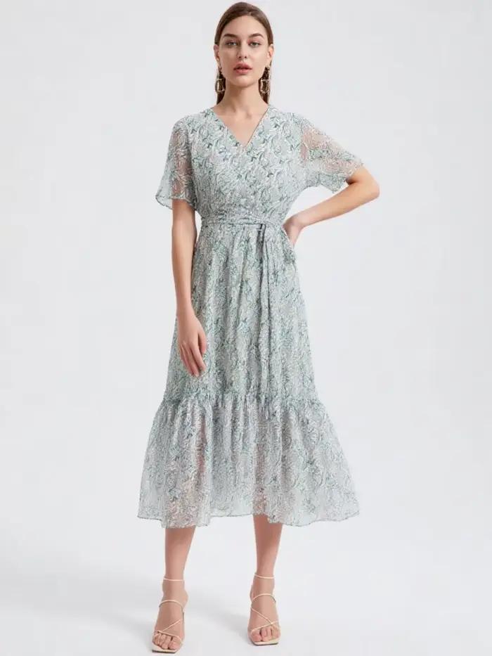 Robe en mousseline de soie verte imprimée de haute qualité pour femme