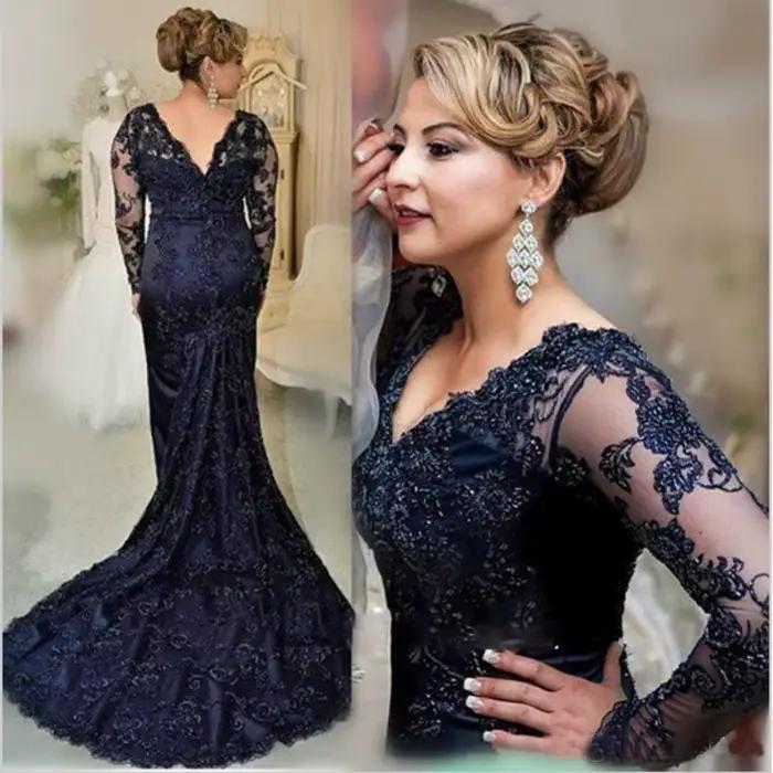 Robe sirène en dentelle bleu marine pour mère de la mariée