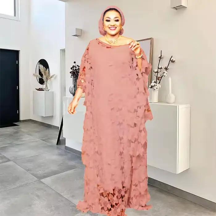 Femmes Robe en dentelle ample fête longue avec doublure col rond poignet manches chauve-souris mode confortable