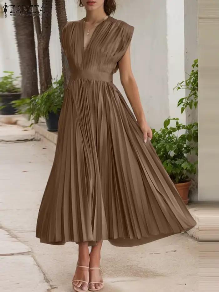 ZANZEA Femme élégante plissée a-ligne robes longues mode col en v sans manches taille haute fête