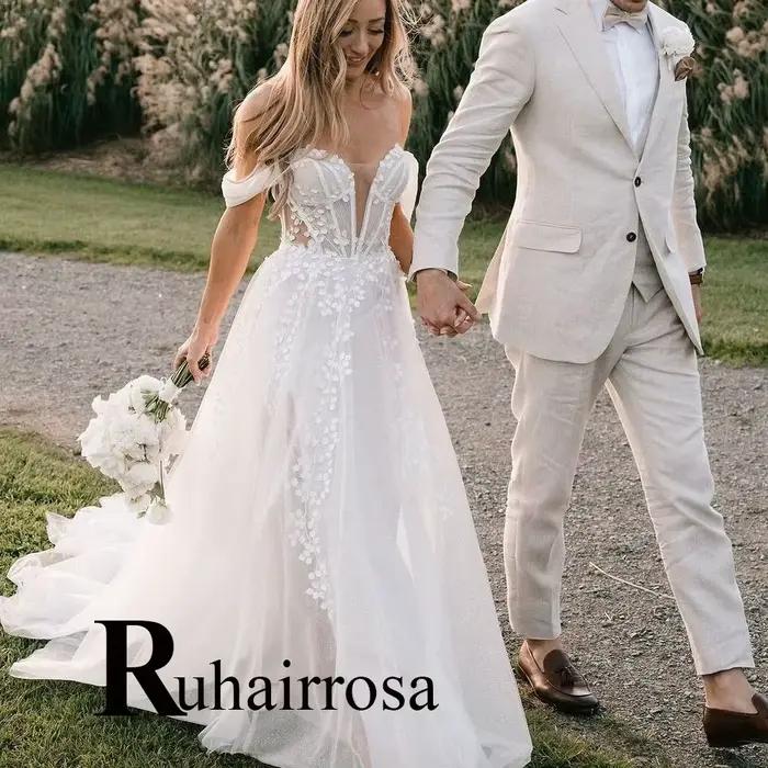 Ruhair charmante épaules dénudées robes De mariée pour les femmes dentelle Appliques Corset a-ligne Robe