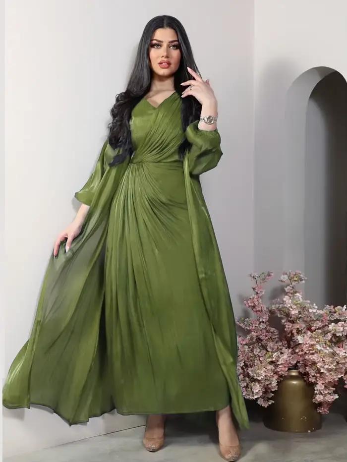 Robe de soirée marocaine femmes Abaya 2 pièces ensemble Satin soyeux dubaï robes musulmanes Eid Caftan