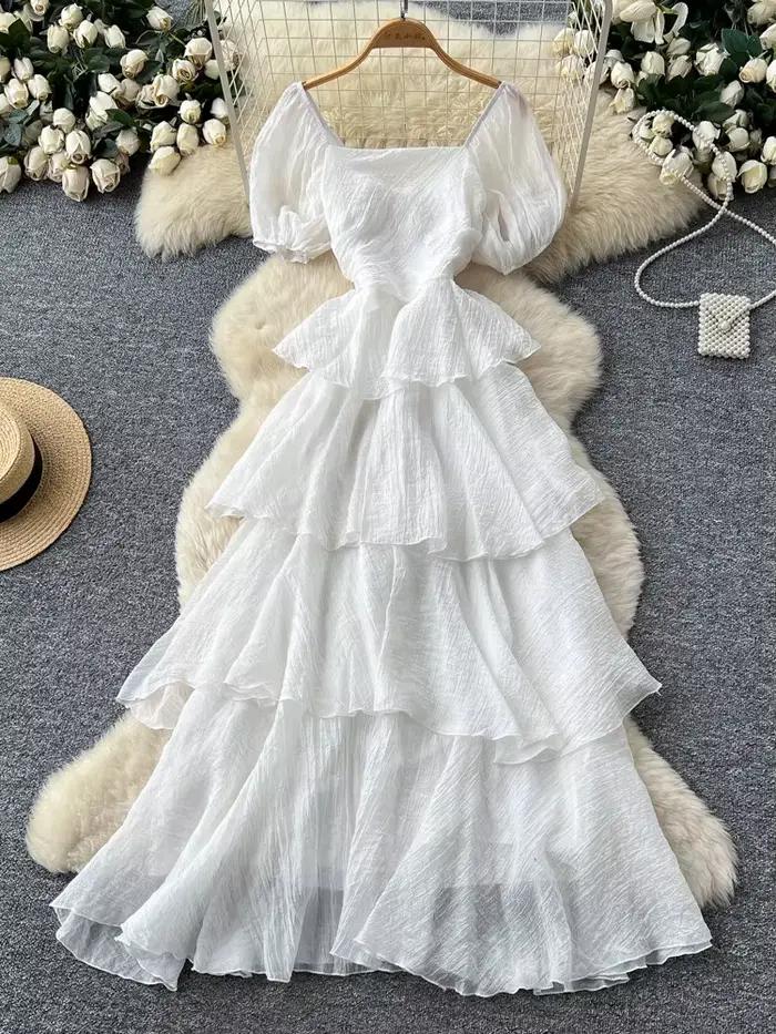 Robe longue d'été pour femme à col carré et manches bouffantes
