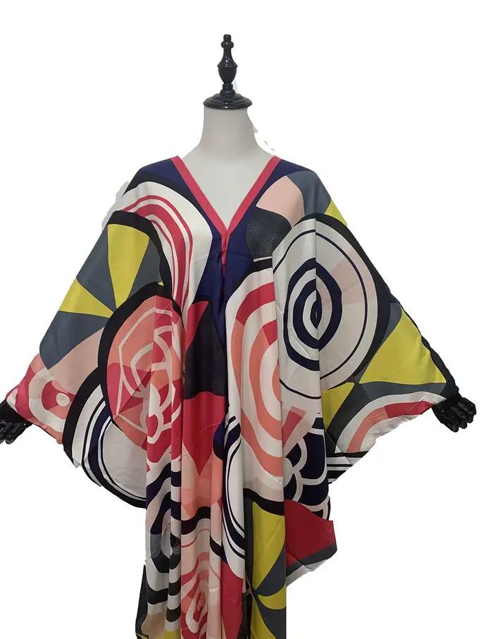 Robe Caftan Col en V Imprimée Multicolore Longue Abaya Élégante Mode Bohème Créateur Africain Plage Occasions Spéciales