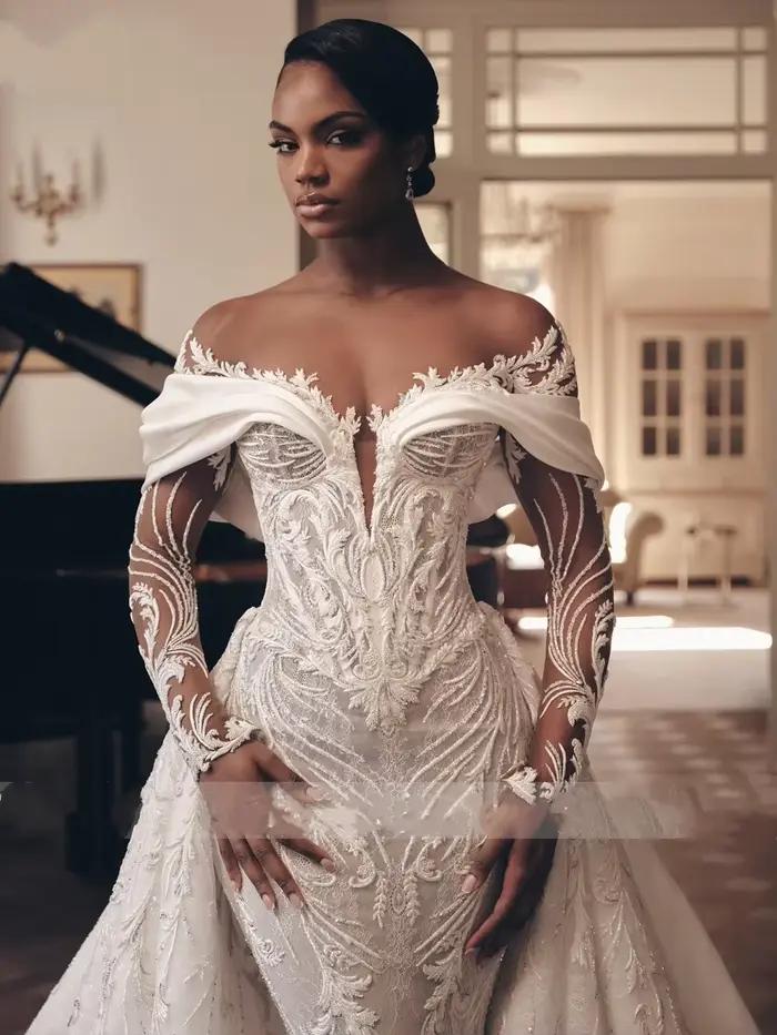 Luxe dentelle 2 en 1 robe de mariée sirène perles broderie Illusion cou trompette robes