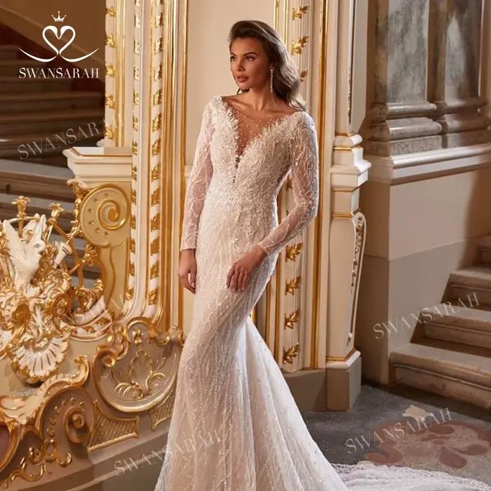 Robe de mariée sirène brillante à manches longues avec poignées amovibles