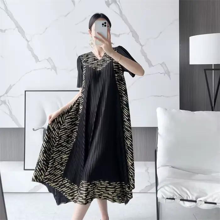 Robes longues printemps et automne vêtements grande taille a-ligne jupe longue plissée anneau imprimé mère robe femme