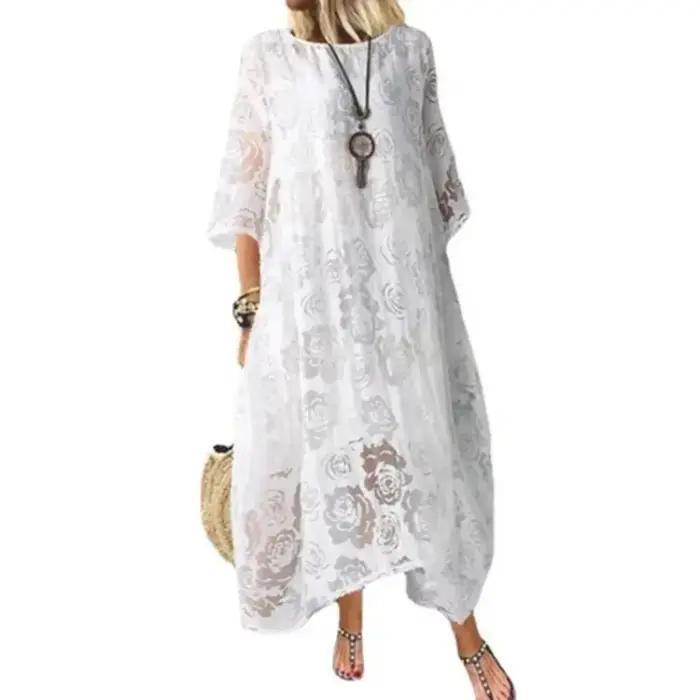Femmes L-5XL grande taille été col rond manches courtes dentelle longue robe Vintage fait à la main creux fleur