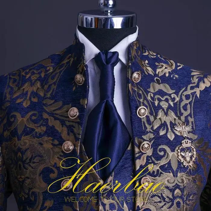 Ensemble de Costume pour hommes, col montant, costumes de mariage pour hommes, Costume de smoking formel pour marié, beau scène à bord Floral bleu or