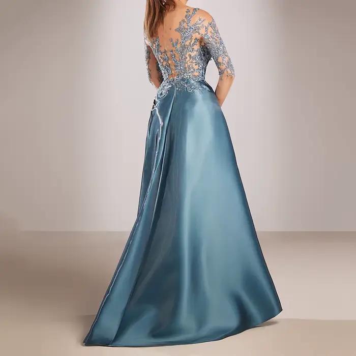 Robe de soirée sirène personnalisée simple longueur au sol col rond manches longues bal fleurs plissées drapée occassions spéciales mariage cérémonie remise de diplôme soirée festive