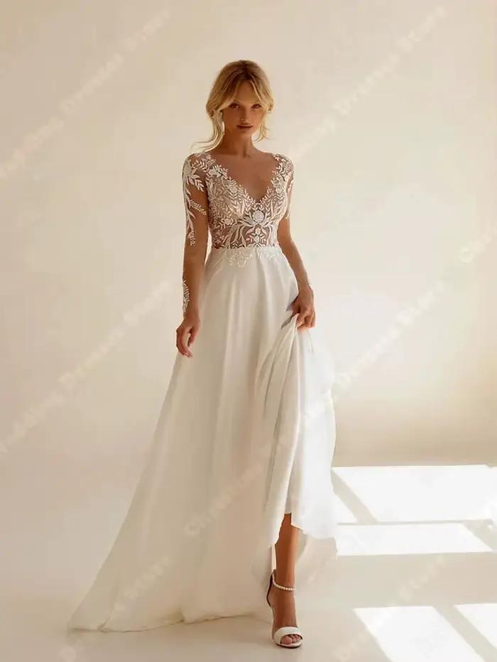 Robes de mariée en dentelle à manches longues pour femmes