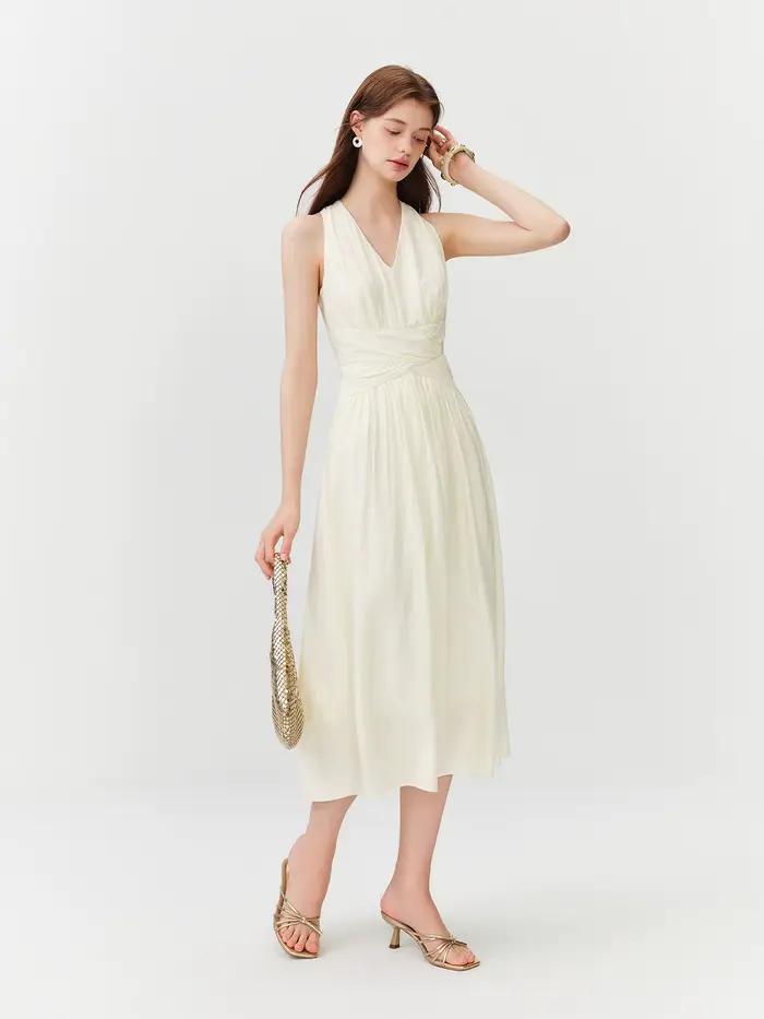 Robe élégante mi-longue sans manches à col halter et décolleté en V style français FSLE pour femme