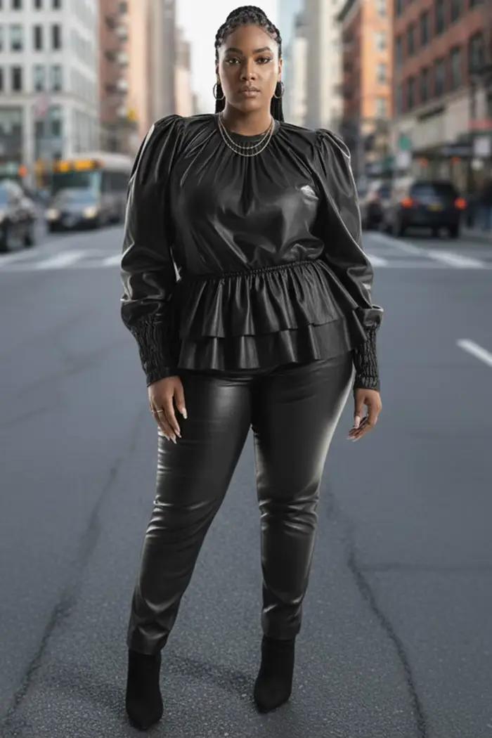 Chemisier en cuir PU noir décontracté avec manches à volants pour femmes élégantes occasions business casual semi-formel quotidiennes