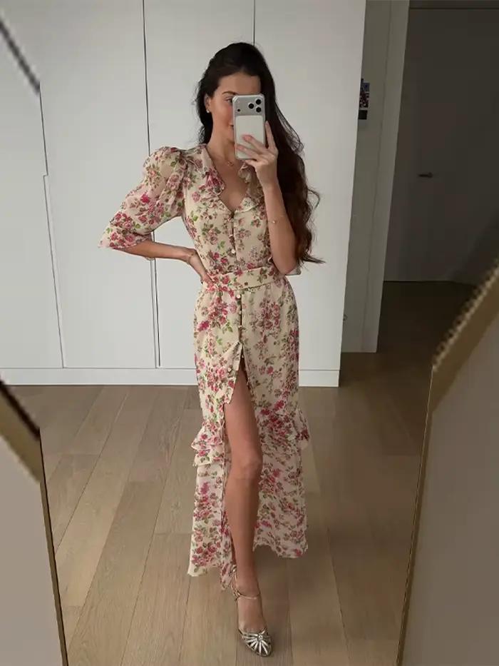 Robe longue artistique verte à motifs floraux