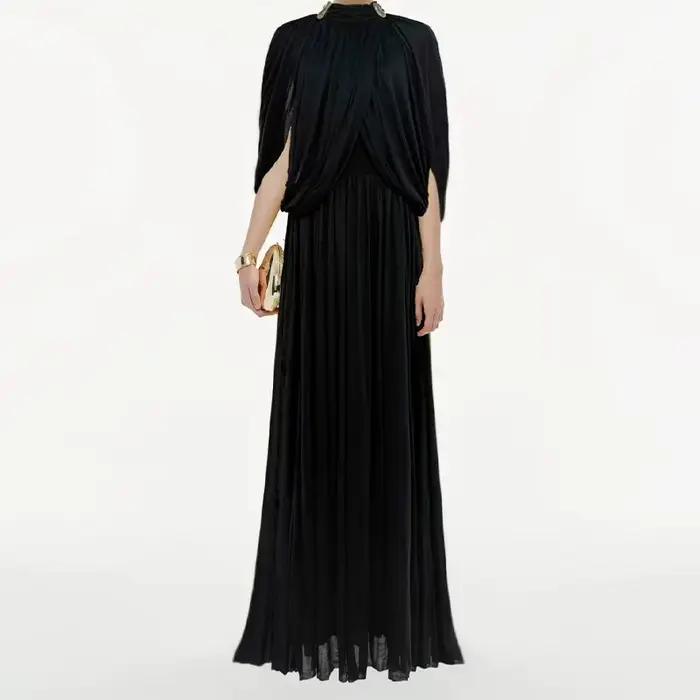 Robe longue plissée en mousseline chic pour femme élégante à manches volantées col rond printemps été occassions spéciales soirée晚会特殊场合女士长裙褶皱雪纺优雅无袖圆领春夏季节