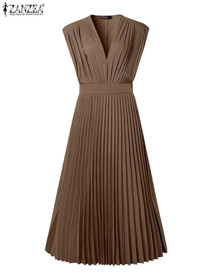 ZANZEA Femme élégante plissée a-ligne robes longues mode col en v sans manches taille haute fête