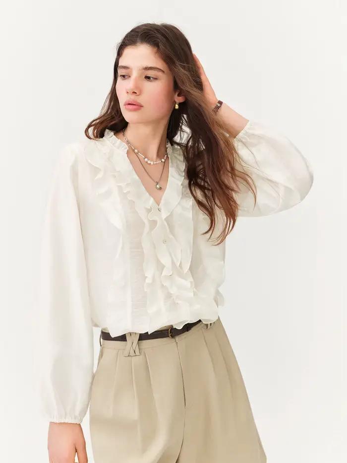 FSLE Nouvelle Collection Été 2026 – Blouse Femme Style Français Col V à Volants